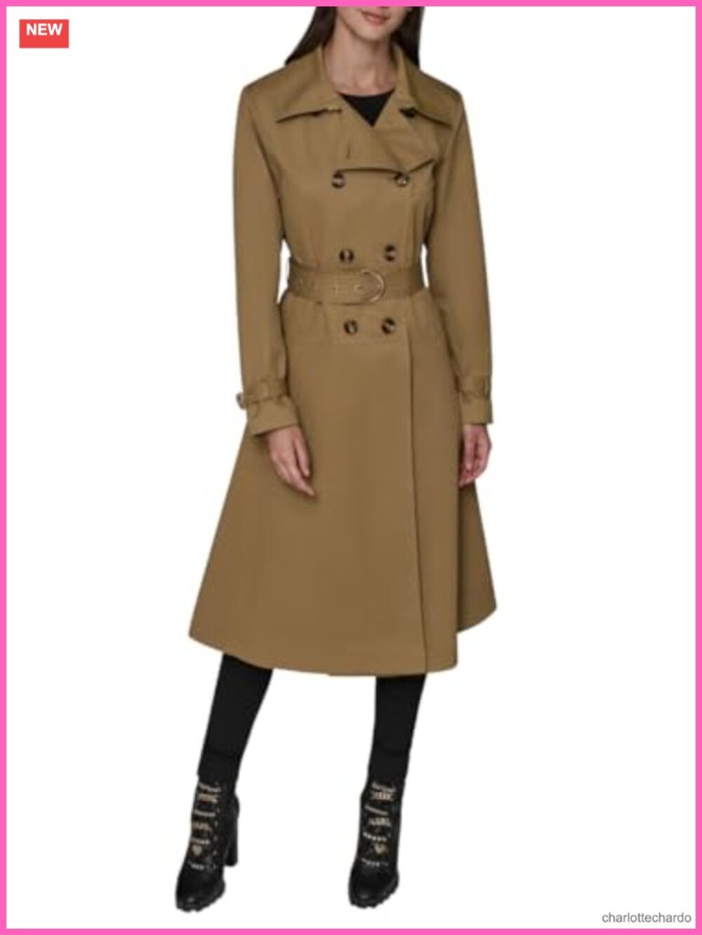 KARL LAGERFELD Flared Trench Coat Long Sleeve Solid